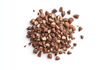 Wall Mural - Crushed macadamia nuts, close-up, white background, food texture