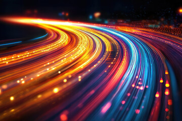 Poster - Abstract depiction of vibrant, dynamic light trails curving through a dark, futuristic space, suggesting speed and energy.