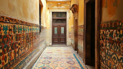 Poster - Vibrant ornamental tiles line a corridor, showcasing intricate patterns. The warm hues and detailed designs draw the eye toward a charming wooden door at the end, inviting exploration