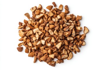 Wall Mural - Crushed toasted cashews on white background, isolated food texture, culinary concept