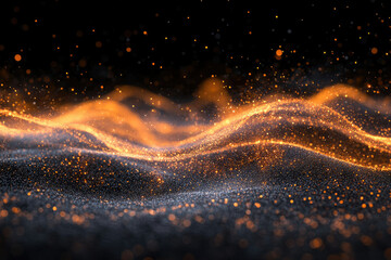 Poster - Abstract background with glittering orange and grey particles forming wavy patterns.