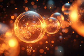 Aufkleber - Glowing orange bubbles with inner sparkles float in dark space, creating an abstract and vibrant scene.