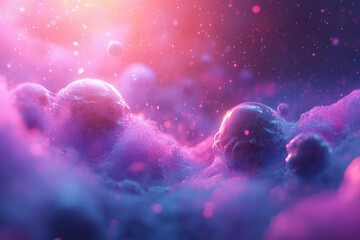 Poster - Luminous orbs nestled in a vibrant, foamy landscape, bathed in purple and pink light.