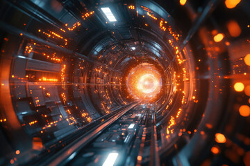 Poster - A futuristic tunnel with glowing orange lights leads to a bright, sparkling center.