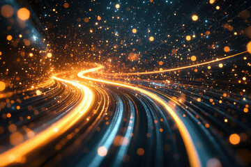 Poster - Glowing trails of light and particles curve through a dark space, creating a dynamic and energetic visual.