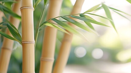 Wall Mural - Close-up of bamboo stalks and leaves, sunlight background, nature serenity