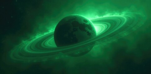 A dark planet is bathed in the soft, eerie light of a green nebula, Space, Eerie