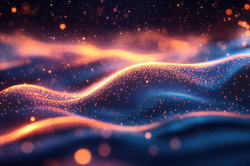 Poster - Glowing particles form abstract wavy landscape with orange and blue hues, creating a mesmerizing cosmic scene.