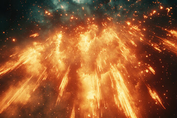 Poster - Fiery meteor shower explodes in a cosmic display of incandescent streaks and smoky clouds.
