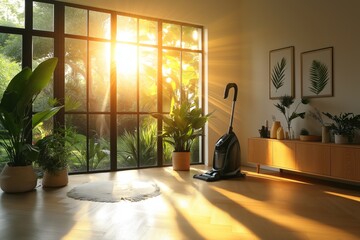 Wall Mural - A sunlit room with lush plants and a vacuum cleaner highlights the essence of spring cleaning, promoting freshness and a tidy atmosphere during spring cleaning.