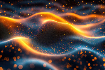 Poster - Abstract digital art depicting glowing particles forming undulating waves of orange and blue in a dark background.