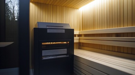 Wall Mural - Interior of a Modern Sauna with Black Stove