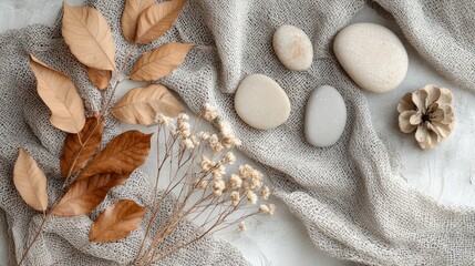 Aufkleber - Arranged thoughtfully on textured fabric, smooth natural stones mingle with dried leaves and delicate flowers, evoking a sense of tranquility and nature's elegance