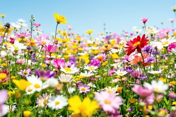 Poster - Colorful wildflowers in a meadow under a bright blue sky.