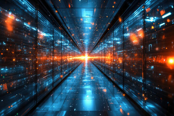 Poster - A futuristic digital corridor showcasing vibrant data streams and glowing pathways, representing the vastness of cyberspace.