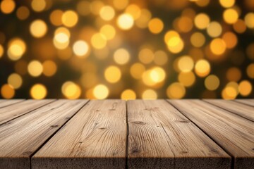 Aufkleber - Wooden table surface with golden bokeh lights in the background.