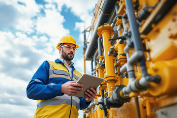 Aufkleber - Engineer inspecting industrial machinery while holding a tablet.