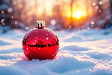 Poster - Red Christmas ornament on snow with blurred sunset background, snowflakes glistening.