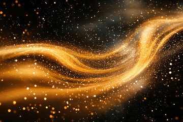 Poster - Golden glittering wave, sparkling particles on transparent background. Abstract luxury cosmic design.