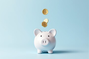 Poster - Piggy bank with falling golden coins on light blue background, concept of savings, finance, and investment.