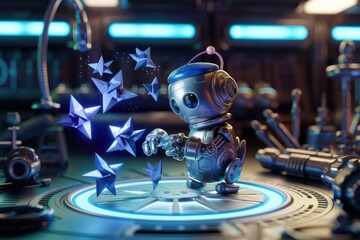 Poster - A cute robot in a futuristic lab manipulates glowing blue star-shaped objects.