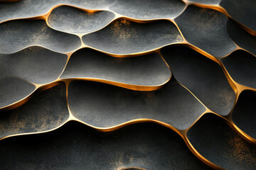 Poster - Abstract 3D rendering of undulating dark gray forms with gold accents, creating a luxurious and textured surface.