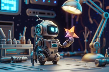 Poster - A cute robot in a futuristic lab holds a glowing origami star, showcasing technological advancement and creativity.