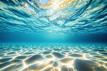 Aufkleber - Abstract underwater view with sunlight reflections on sandy ocean floor.