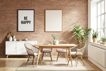 Wall Mural - Modern dining room with wooden furniture, plants, and motivational wall art in bright natural light.