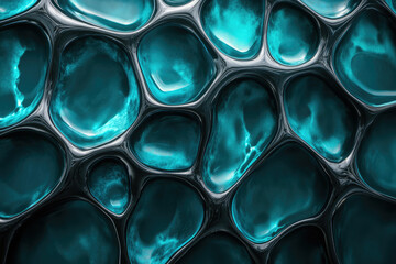Fototapete - Abstract image of interconnected teal, glossy, organic shapes resembling a cellular structure or network.