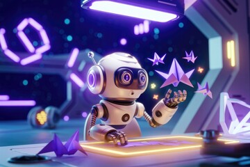 Poster - A cute robot in a futuristic setting creates origami, showcasing creativity and technological advancement.
