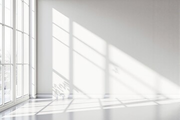 Poster - Minimalist space with sunlight streaming through large windows on a white wall and floor.