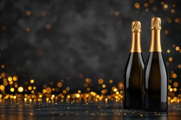 Poster - Two champagne bottles with golden caps on a dark festive background with golden bokeh lights.