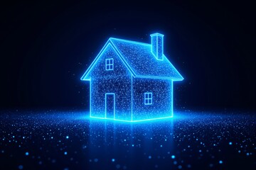 Poster - Glowing digital house structure made of blue light points and lines on a dark background.