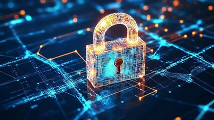 Poster - An artistic portrayal of a digital lock composed of light beams and geometric shapes set against a backdrop of abstract data s and interconnected network lines embodying the theme of