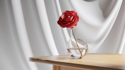 Aufkleber - A single red rose in a clear glass vase sits on a wooden table against a white fabric backdrop.