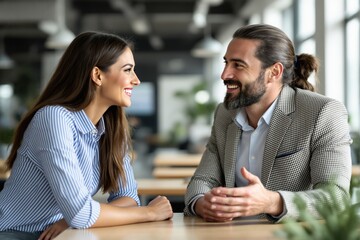 Poster - Two individuals conversing with smiles in a modern office setting.