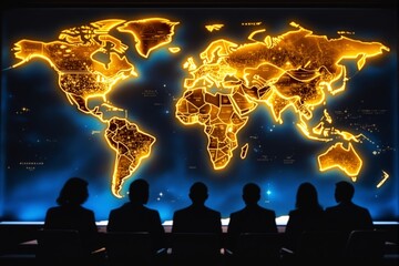Aufkleber - Illuminated world map in glowing golden lines with silhouettes of people in the foreground.