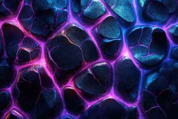 Poster - Abstract image of dark, textured stones with vibrant purple and blue neon glowing veins.