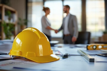 Poster - Close-up of a yellow hard hat on a desk, with two people shaking hands in a modern office background.