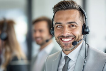 Aufkleber - Smiling call center employee wearing headset in professional office environment.