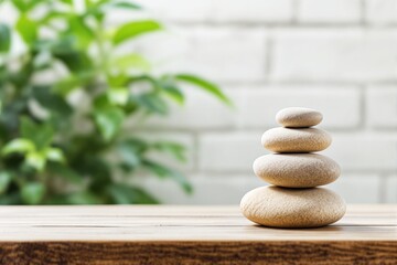 Poster - Stack of smooth stones on wooden table with blurred green leaves and brick wall in background.