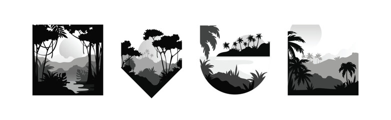Poster - tropical rainforest landscape with palm trees in geometric shape vector set