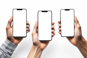 Poster - Three hands holding smartphones with blank screens on white background.