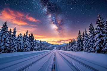 Poster - Stunning snowy road with starry sky and vibrant sunset.