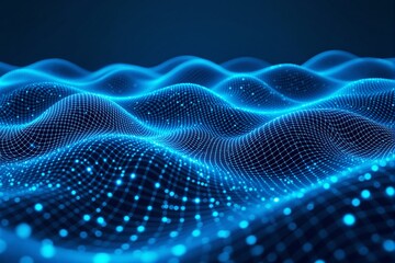 Poster - Abstract glowing blue wave gridlines on dark background.