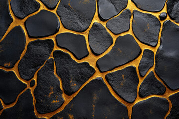 Aufkleber - Black stone wall with golden grout lines; luxury, elegant texture.
