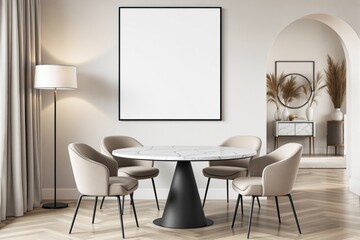 Aufkleber - Elegant dining room with blank white frame on wall, marble round table, beige chairs, and modern decor in neutral tones.