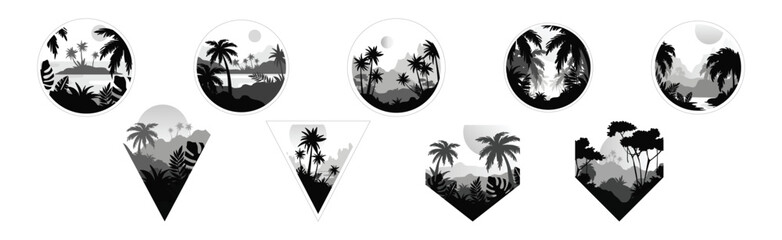 Poster - tropical rainforest landscape with palm trees in geometric shape vector set
