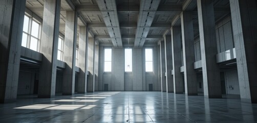 Poster - A Vast Hall with Tall Concrete Pillars and Sunlight Streaming Through Windows